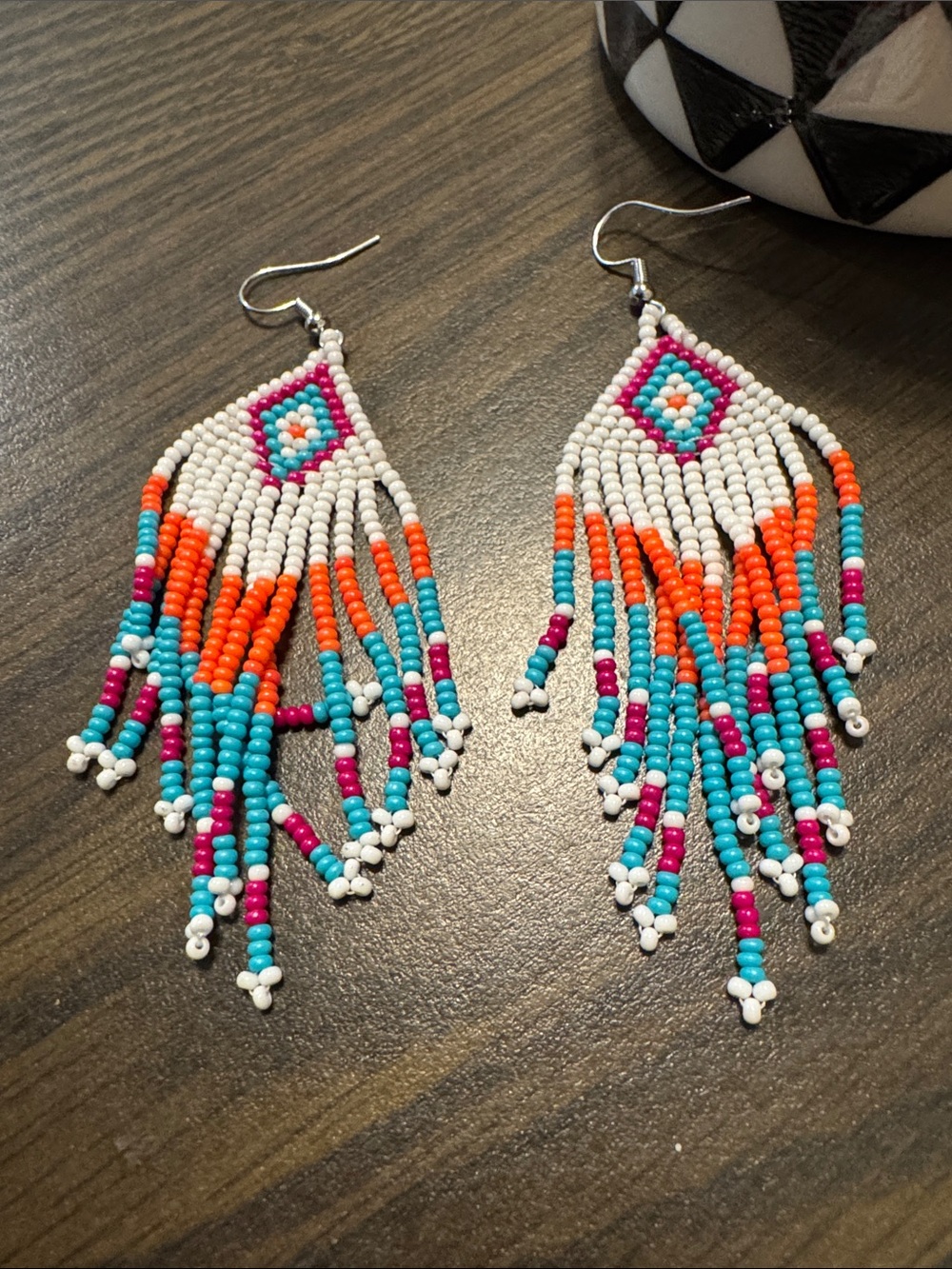 Handmade White, Turquoise & Orange Seed Bead Fringe Earrings